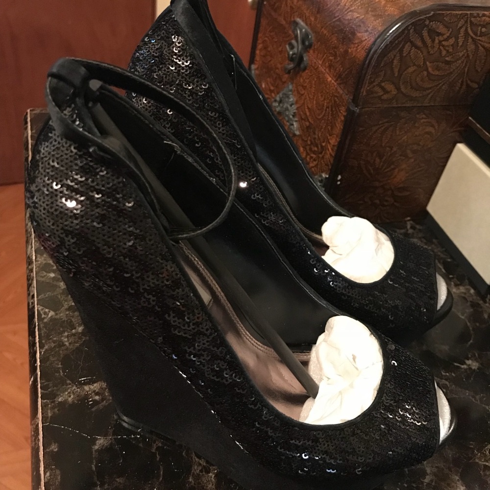 Black Peep Toe Sequin Wedges, Size 7.5